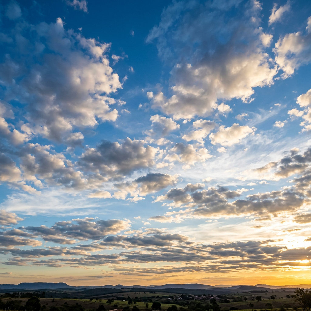 Sunset over rolling hills and a rural countryside beneath scattered clouds